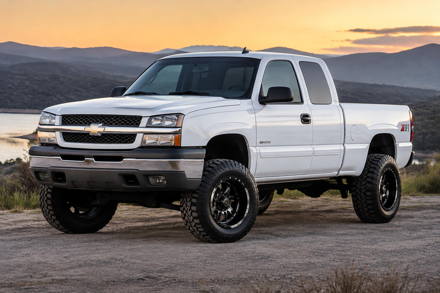 Summit white 2005 Chevy Silverado 1500 with three inch lift, 17 inch chrome w...
