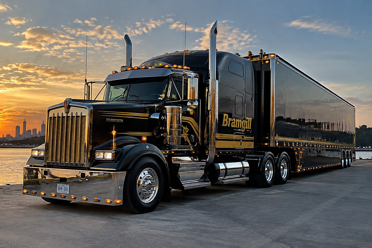 A black and gold kenworth truck with a long trailer and on the side of the tr...