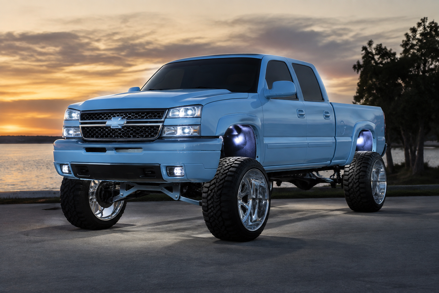 A lifted 2004 Chevy Silverado that’s light blue paint matched with white rock...