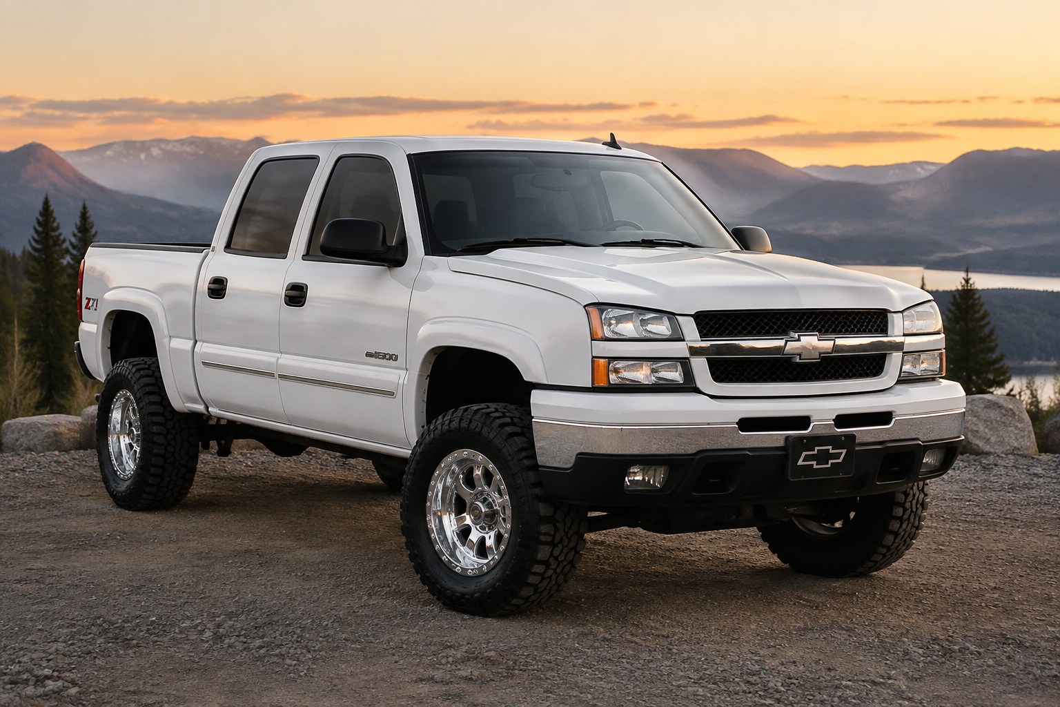 White 2005 Chevy Silverado 1500 with a three inch lift 17 inch chrome beadloc...