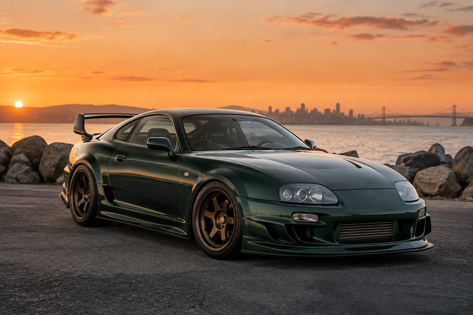 A wide body 90s Japanese coupe, deep green, bronze wheels, parked at sunset