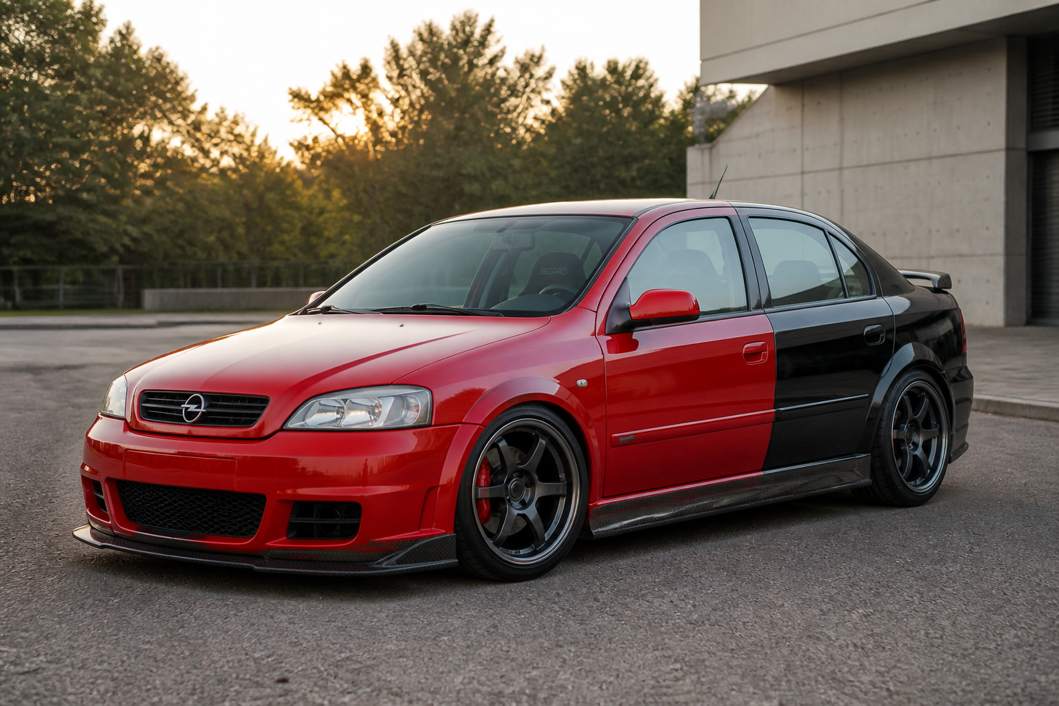 Make opel astra g sedan front half red and rear half black and sportier frnot...